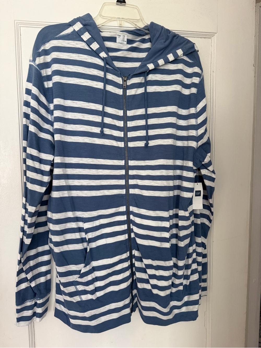 GAP Men’s Blue and White Striped Lightweight Zip-Up Hoodie